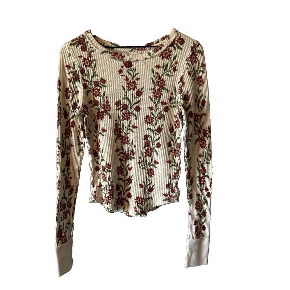 We The Free People Ivory Red Floral Thermal Waffle Knit Top Large OB1874365